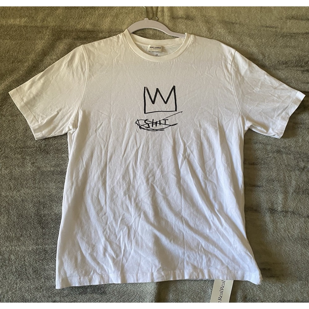 Saint Laurent Jean-Michel Basquiat Crown Graphic T-Shirt White Mens M Raw Hem
